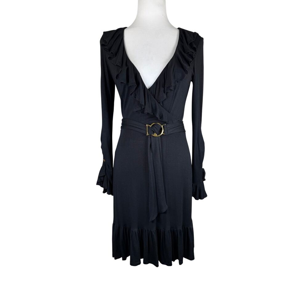 Cache Black Belted Soft Stretch V-Neck Ruffle Hem & Sleeves Dress